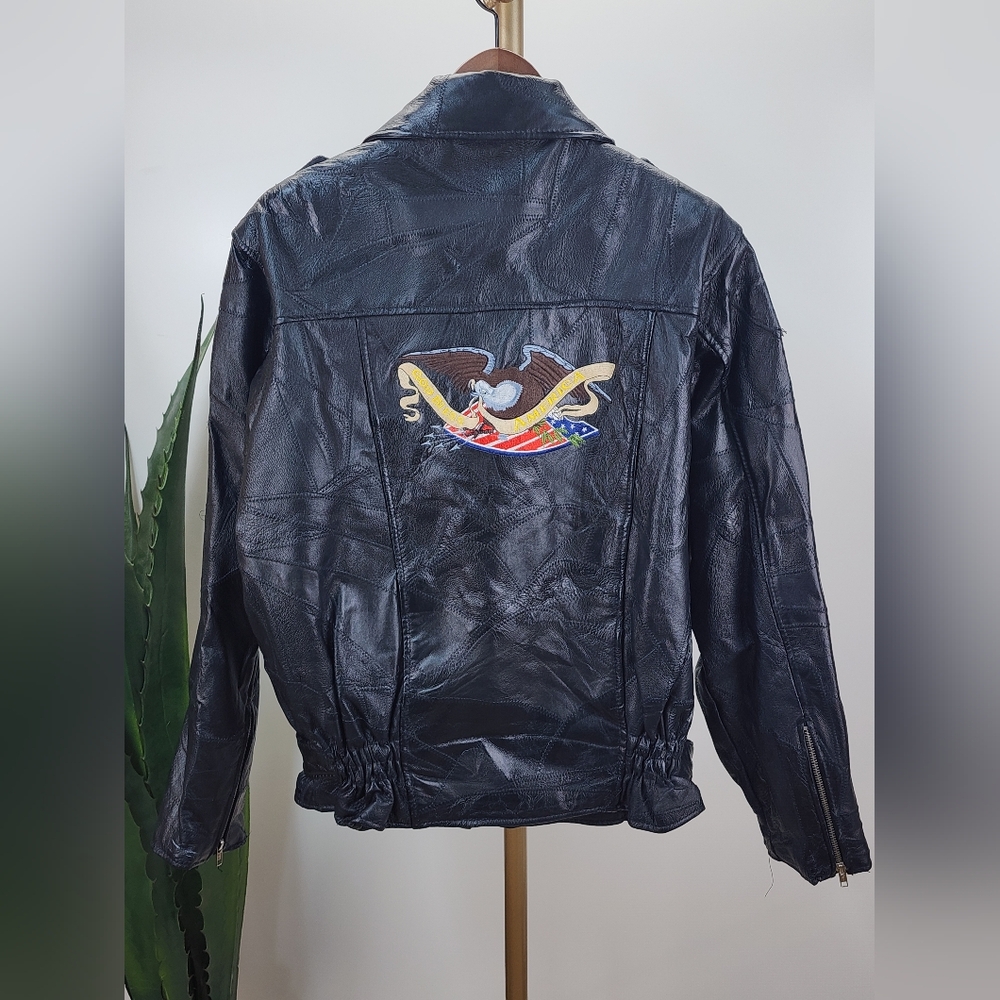 VNTG God Bless America Leather Patchwork Punk Biker Motorcycle Jacket Black Sz M